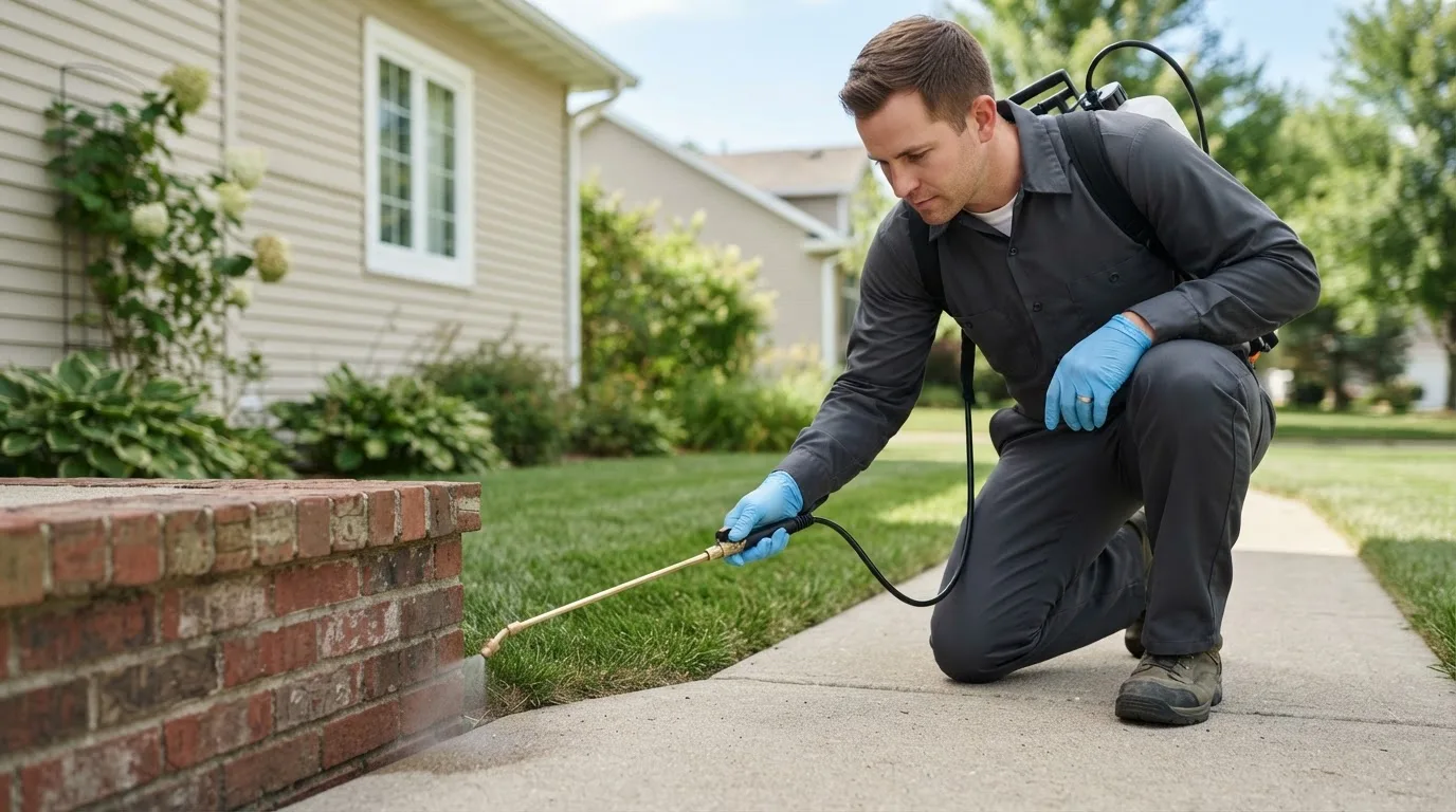 Pest control technician treating a home near Yucca Valley, CA